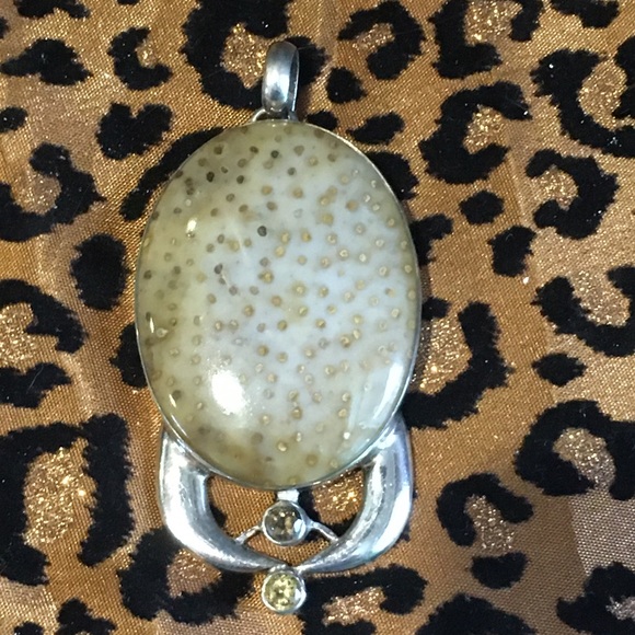 Silver & fossil pendant enhanced w/ cut stones - Picture 4 of 8